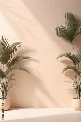 An empty room with tropical tree, pastel beige tone for product presentation and object display