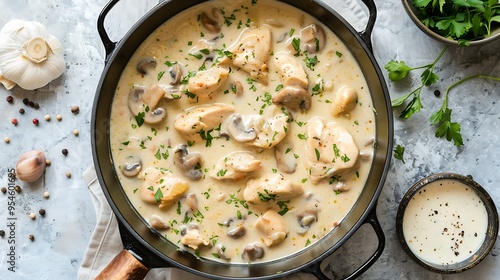 Creamy sauce prepared in a dutch oven is a recipe for chicken fricassee