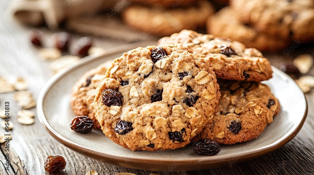 Plate of Freshly Baked Oatmeal Cookies with Raisins: Delicious Plate of Warm, Freshly Baked Oatmeal Cookies Studded with Raisins, Ideal for Food and Recipe Content Plate of Freshly Baked Oatmeal Cookies with Raisins: Delicious Plate of Warm, Freshly Baked Oatmeal Cookies Studded with Raisins, Ideal for Food and Recipe Content