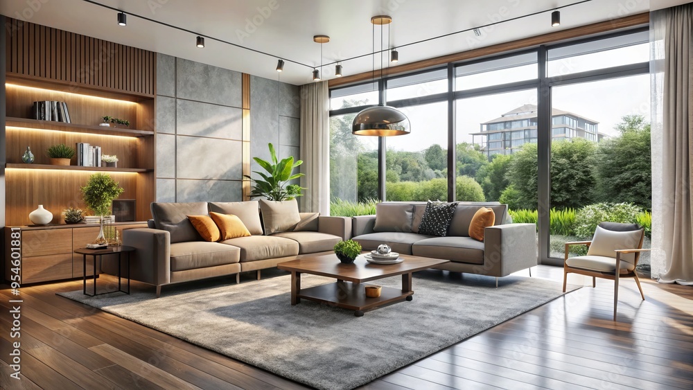 Sleek modern living room bathed in natural light, minimalist decor emphasizes clean lines, simple shapes, and neutral Sleek modern living room bathed in natural light, minimalist decor emphasizes clean lines, simple shapes, and neutral