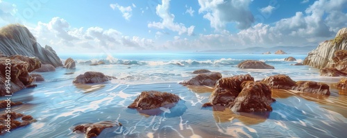 Scenic beach with rocky outcrops and tide pools, 4K hyperrealistic photo photo