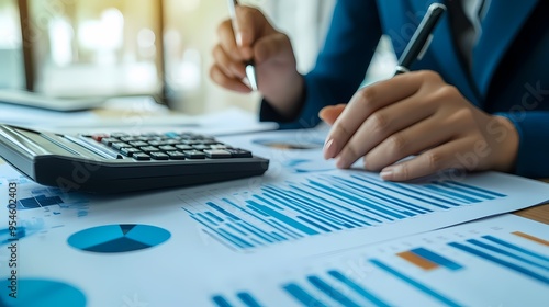 A person using a calculator to work on financial targeting, discussing with a business background