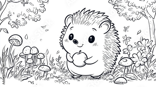 Coloring page, Cheerful cartoon hedgehog holding an apple, standing in a whimsical woodland environment with trees and mushrooms.