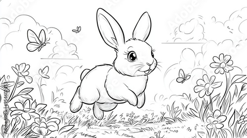 Coloring page, Illustration of a cheerful rabbit hopping through a flower-filled meadow, with butterflies flying around under a partly cloudy sky.