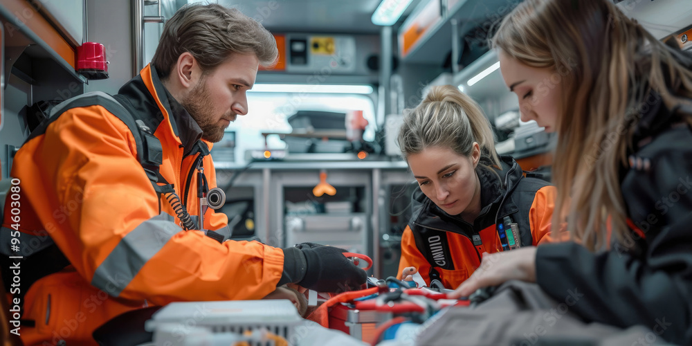 Emergency medical team in orange uniforms working inside an ambulance, providing patient care. Emergency medical team in orange uniforms working inside an ambulance, providing patient care.