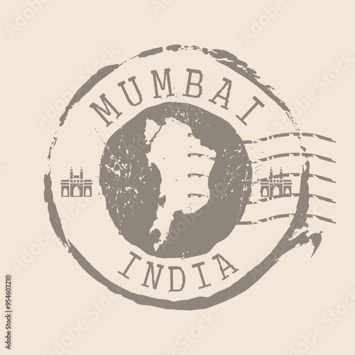 Stamp Postal of Mumbai is city of India. Map Silhouette rubber Seal.  Design Retro Travel. Seal  Map of Mumbai grunge  for your design. India. EPS10