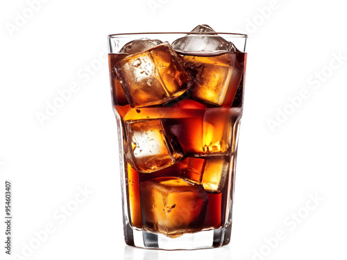 a glass of coke with ice cubes isolated on transparent background. 