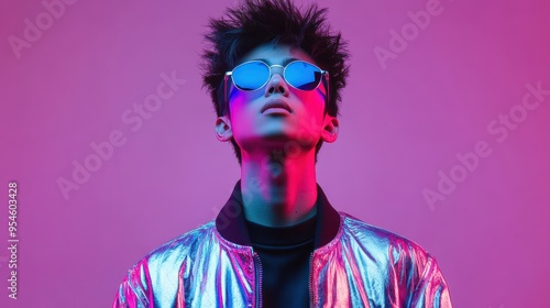 A young Asian man in a shiny metallic jacket and large sunglasses stands proudly in front of vibrant pink and blue lighting