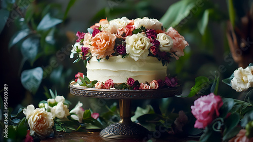 Floral Cake displayed on a vintage cake stand, with real flowers surrounding the base photo