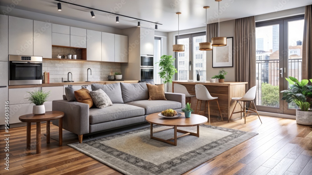 Soft gray walls and plush carpeting envelop the open-plan living space, fostering a cozy atmosphere, where a modern Soft gray walls and plush carpeting envelop the open-plan living space, fostering a cozy atmosphere, where a modern