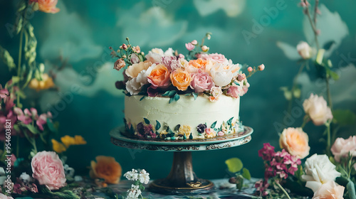 Floral Cake displayed on a vintage cake stand, with real flowers surrounding the base photo