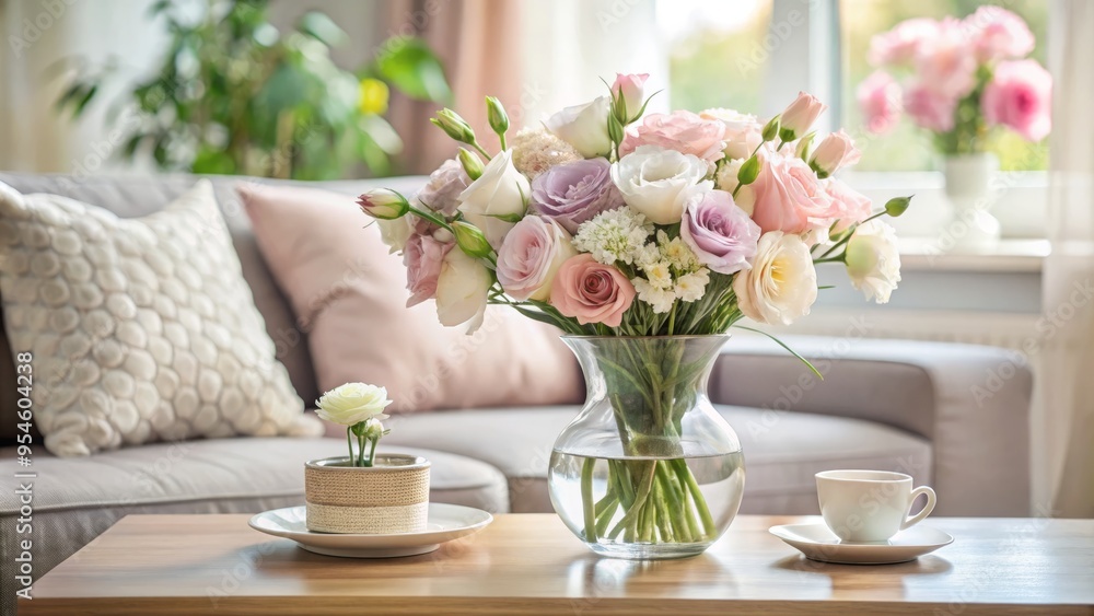 Softly glowing candelabras cast a warm ambiance on a plush sofa as delicate eustoma blooms in muted hues Softly glowing candelabras cast a warm ambiance on a plush sofa as delicate eustoma blooms in muted hues