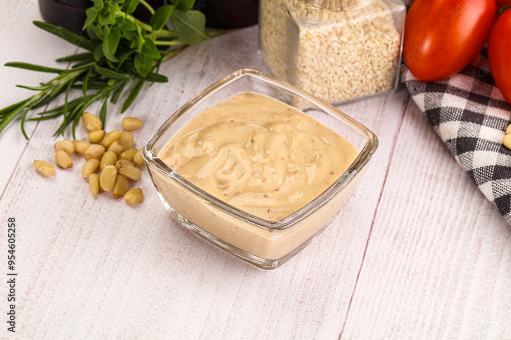 Delicious walnut creamy sauce in the bowl Delicious walnut creamy sauce in the bowl