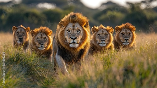 Powerful Male Lion Leading a Group Through Sunlit Grasslands, Capturing Majestic Wildlife photo