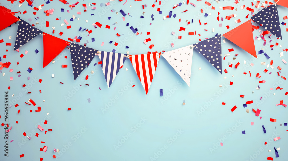 Obraz premium Colorful confetti falls around red, white, and blue patriotic bunting on a light blue background.