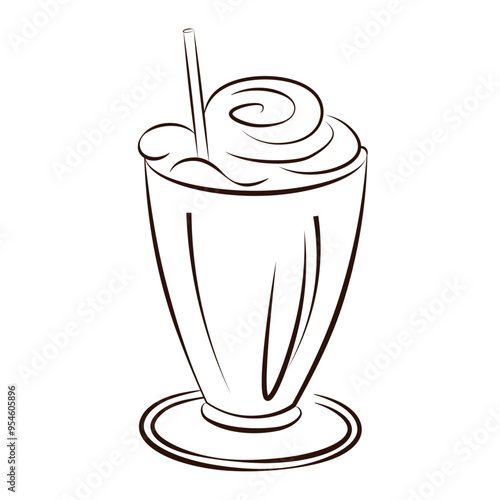 Milkshake with whipped cream in dessert glass vector illustration in sketch style.