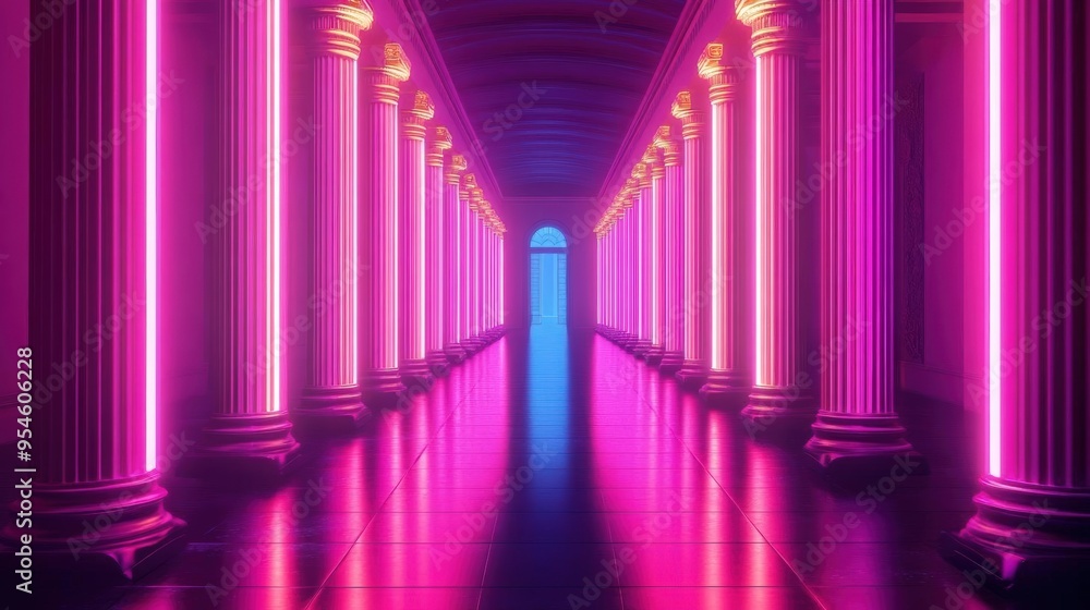 Opulent hallway lined with Roman-style columns, neon pink and purple lights creating dramatic shadows, hyper-realistic reflections, captured from a low-angle shot Opulent hallway lined with Roman-style columns, neon pink and purple lights creating dramatic shadows, hyper-realistic reflections, captured from a low-angle shot