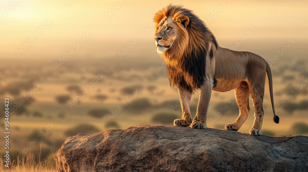 A majestic lion standing proudly on a rocky outcrop, gazing over the African savanna during a golden sunset A majestic lion standing proudly on a rocky outcrop, gazing over the African savanna during a golden sunset