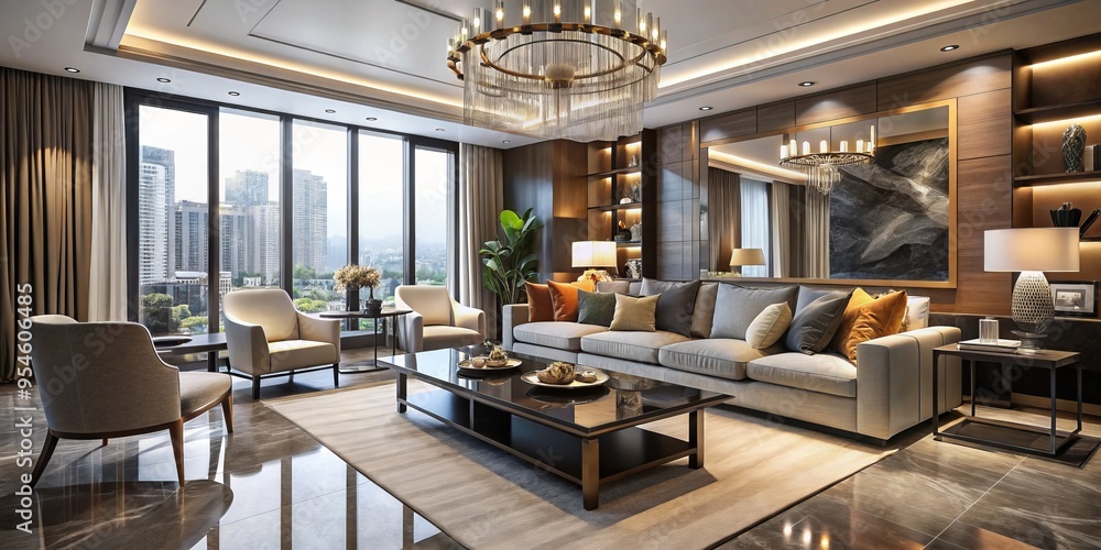 Sophisticated condominium interior boasts sleek lines, stylish furniture, and a luxurious ambiance, perfect for urban Sophisticated condominium interior boasts sleek lines, stylish furniture, and a luxurious ambiance, perfect for urban