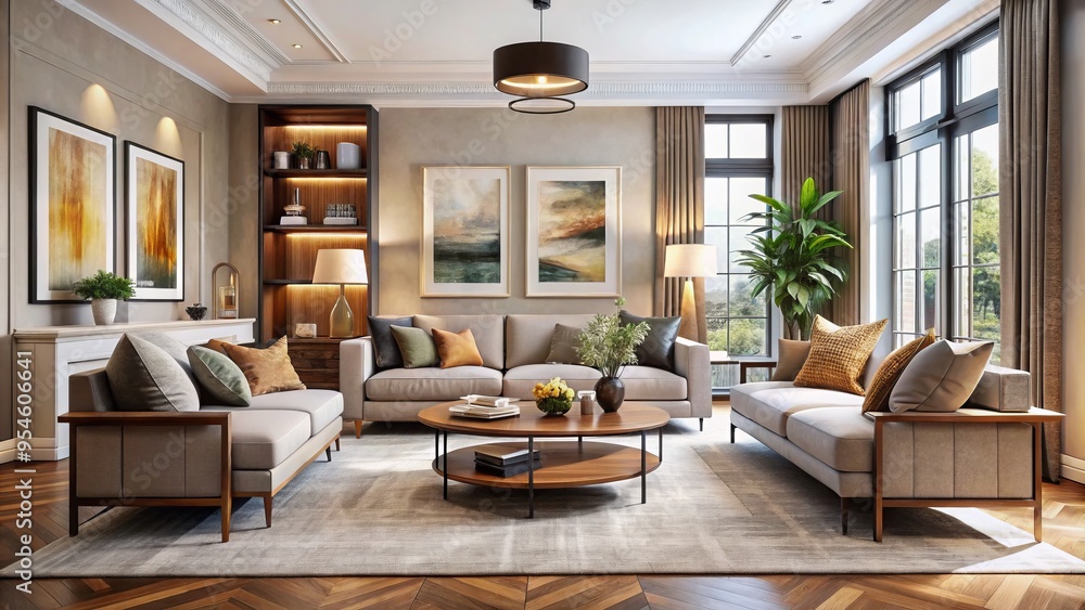 Fototapeta premium Sophisticated design elements, from plush upholstery to striking artwork, come together in this elegant abode,