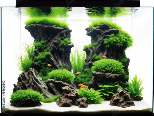 An enchanting aquarium illustration with aquatic plants, driftwood, and rocks, capturing a peaceful aquascape design photo