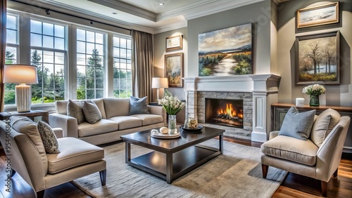 Sophisticated living room in Springbank boasts a warm, welcoming atmosphere with a crackling fireplace, elegant