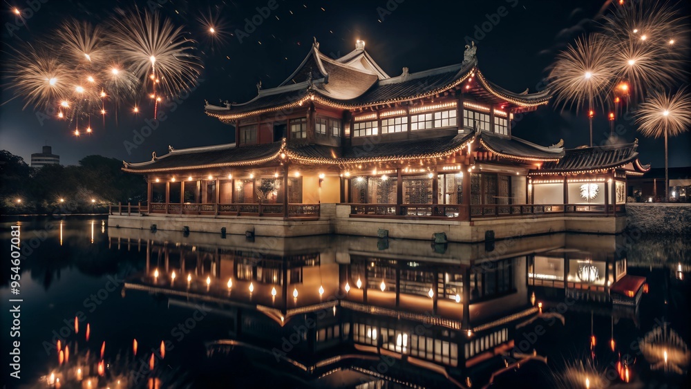 Fototapeta premium Chinese New Year with Lanterns, Sparks, and Lake Reflections. Perfect for: Chinese New Year, Traditional Celebrations