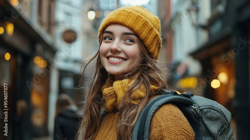Wallpaper Mural Young Woman with Yellow Beanie and Backpack Smiling in City - smile Torontodigital.ca
