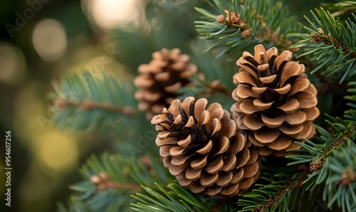 several pine cones on the branches of an evergreen tree in a natural outdoor setting, Generative AI