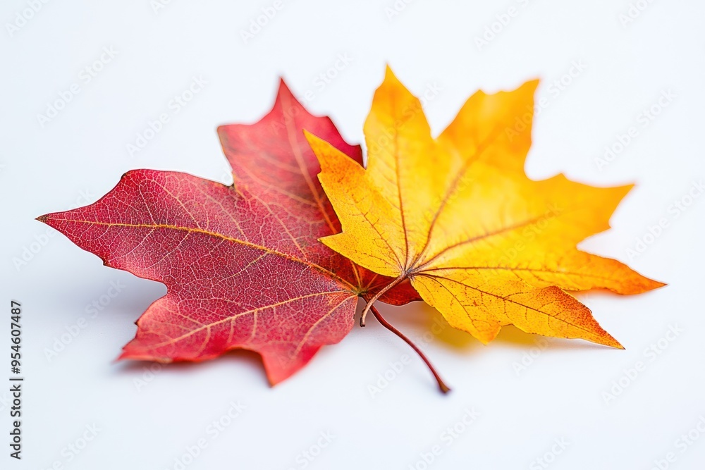 Two Maple Leaves, One Red and One Yellow, on a White Background