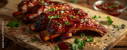 Tender slow-cooked ribs with BBQ sauce, 4K hyperrealistic photo