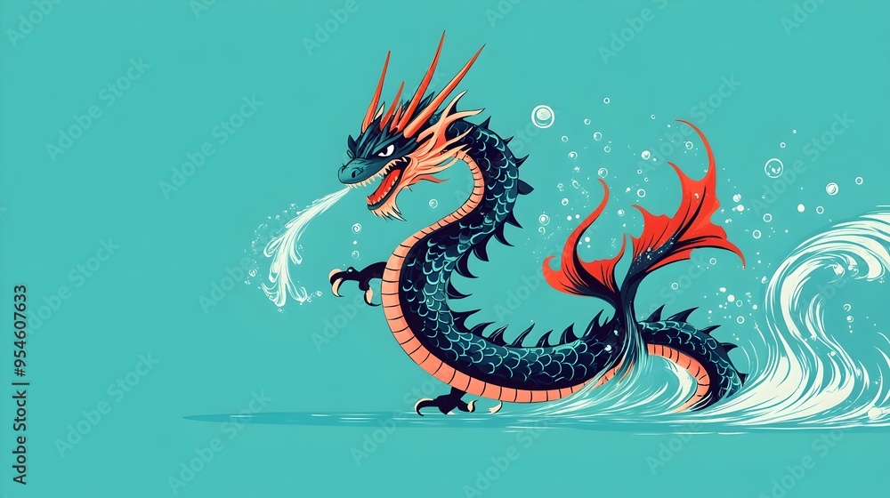 Fototapeta premium Powerful Sea Dragon Causing Whirlpools with a Flick of Its Tail in Turquoise