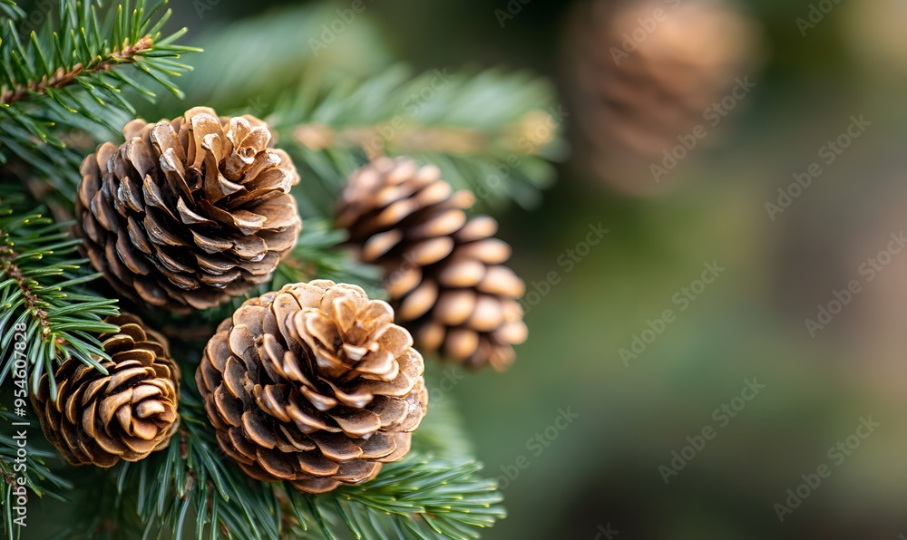 several pine cones on the branches of an evergreen tree in a natural outdoor setting, Generative AI several pine cones on the branches of an evergreen tree in a natural outdoor setting, Generative AI