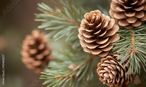 several pine cones on the branches of an evergreen tree in a natural outdoor setting, Generative AI