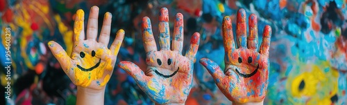 Colorful painted children hands with smiling faces, world children day