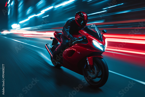 red motorbike rider at high speed along a highway, cyberpunk city, A motorcyclist rides a red sport bike down a city street, 3d rendering AI generative