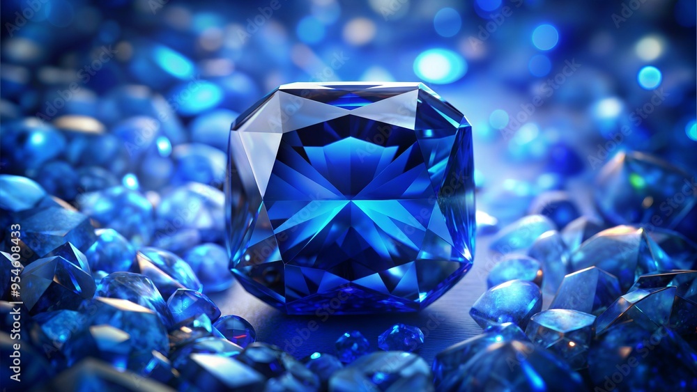 Close-up of sparkling blue gemstone surrounded by various blue gemstones on reflective surface Close-up of sparkling blue gemstone surrounded by various blue gemstones on reflective surface