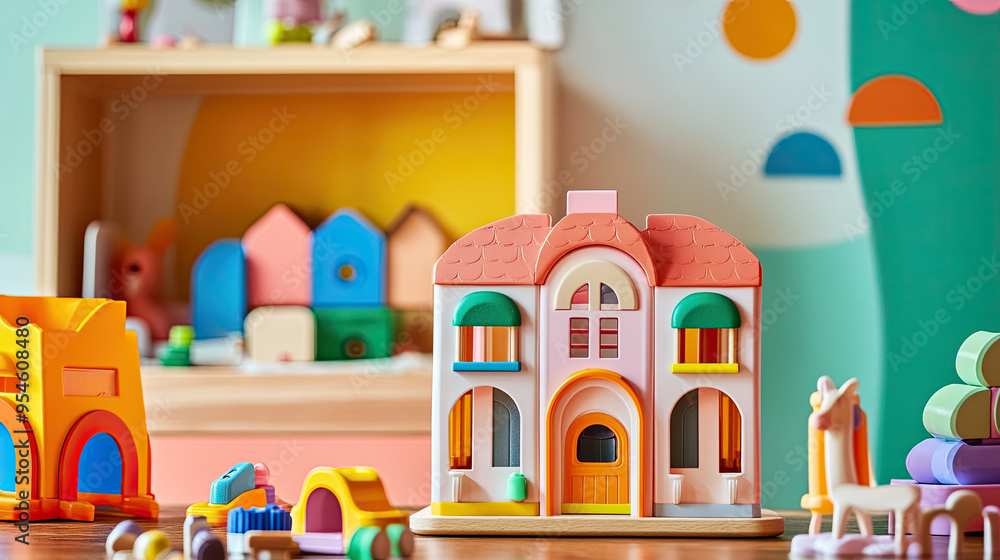 A townhouse toy set surrounded by other small toys, creating a vibrant and imaginative play area A townhouse toy set surrounded by other small toys, creating a vibrant and imaginative play area