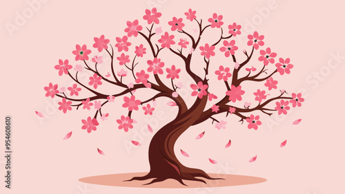 minimalistic cherry blossom tree with a few simple pink flowers, on a solid pale pink background