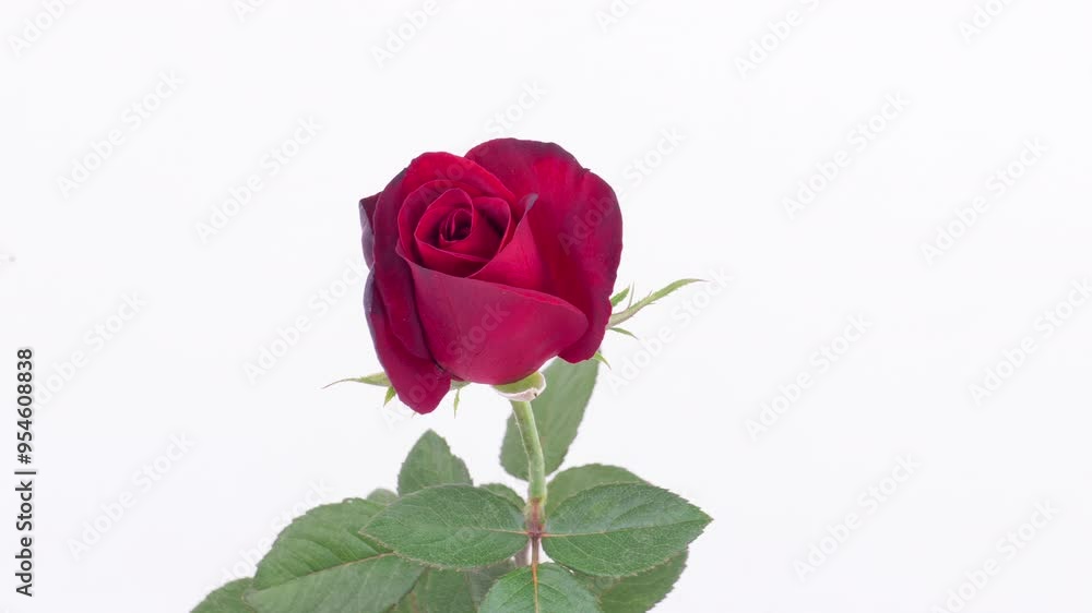 Beautiful red rose opening on white background, close-up. Wedding, Valentines Day, Mothers Day concept. Holiday, love, birthday design backdrop . Time lapse. 4K Beautiful red rose opening on white background, close-up. Wedding, Valentines Day, Mothers Day concept. Holiday, love, birthday design backdrop . Time lapse. 4K