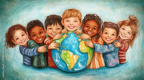 smiling children holding globe