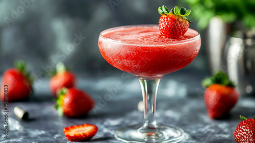 frozen Strawberry Daiquiri in a cocktail glass, garnished with a fresh strawberry photo