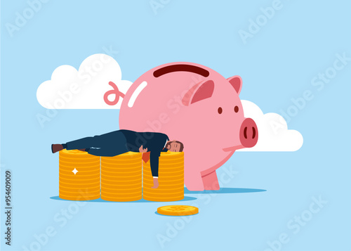Businessman sleeping on a pile of coins and a piggy bank. Finance, saving money.  Modern flat vector illustration