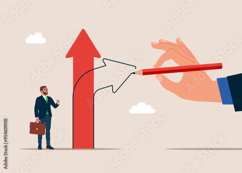 Decision to change to better opportunity. Big hand draw new arrow of change direction. Modern flat vector illustration