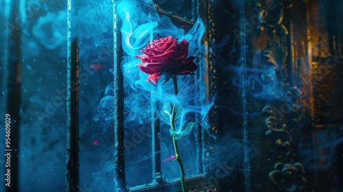 Fantasy magic dark background with a magic rose, flower, old book