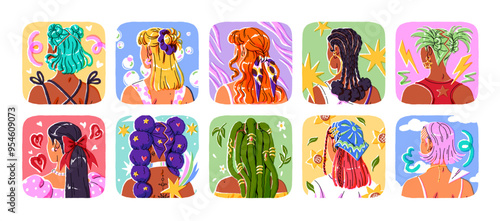 Set of different stylish women hairstyles back view. Cute tied up hair decor in various styles on girls' heads: braids, dreadlocks, buns. Flat isolated vector illustrations on white background