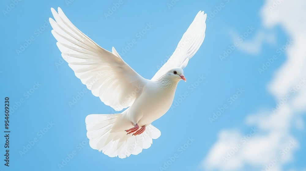 Fototapeta premium A white dove flying against a blue sky, representing peace and hope around the world