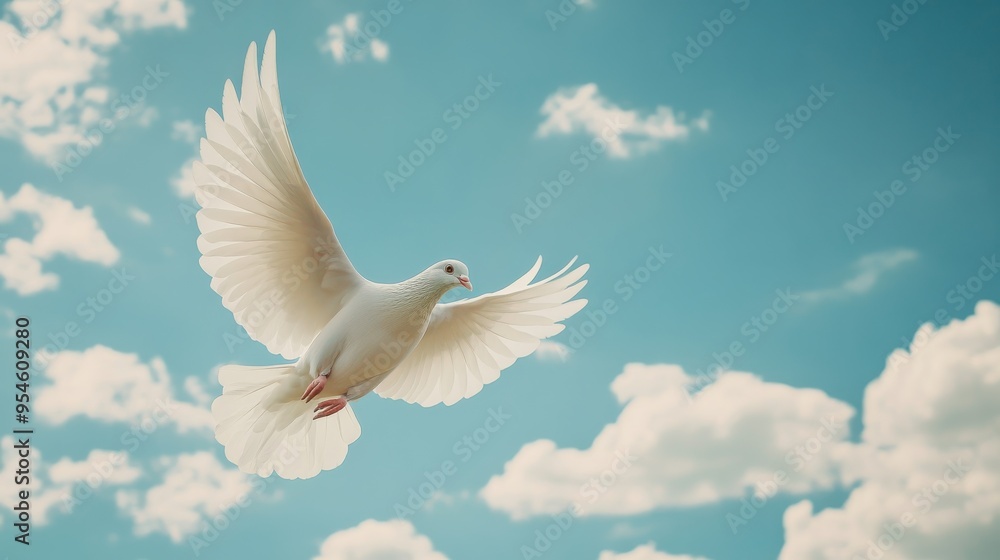 Fototapeta premium A white dove flying against a blue sky, representing peace and hope around the world