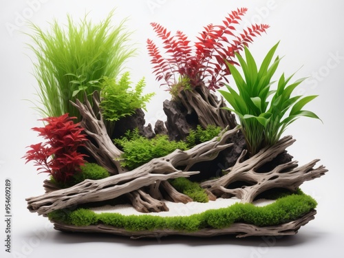 A peaceful nature aquarium illustration with submerged plants, driftwood, and stones, portraying a balanced aquascape photo