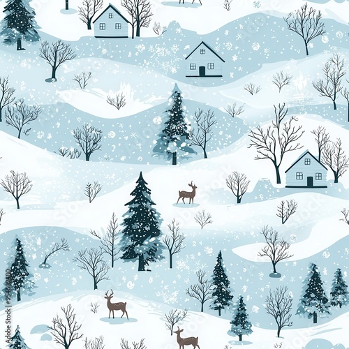 seamless pattern Winter forest with deer and snow covered trees 